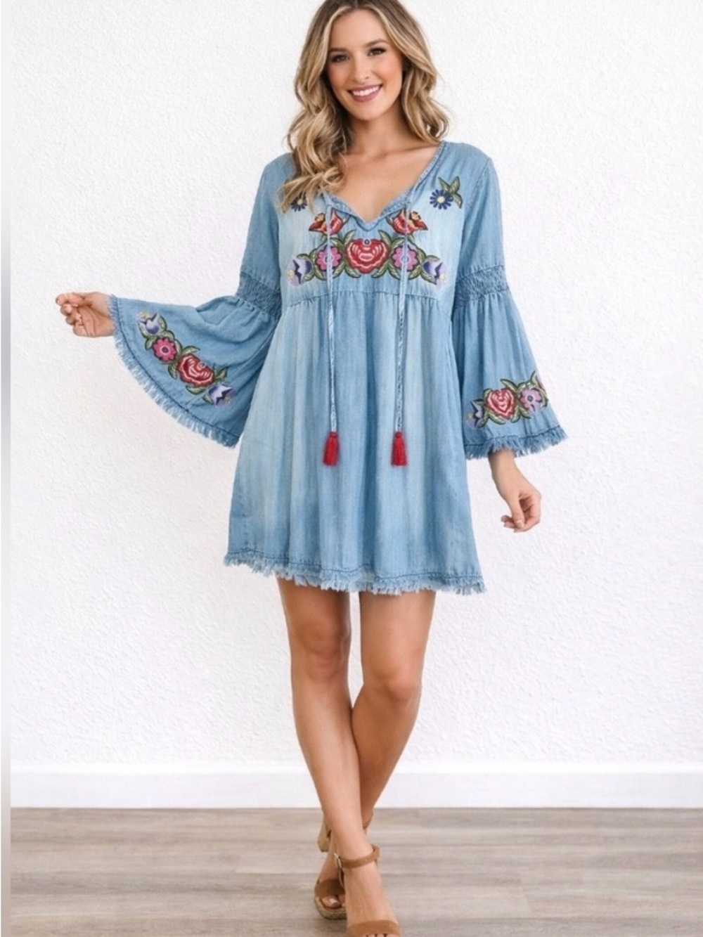 Judith March Embroidered Chambray Tunic Dress in Light Blue With Bell Sleeves